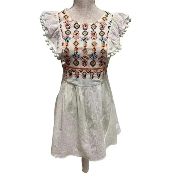 SHEIN  WOMEN’S STUNNING BOHO SMOCK EMBROIDERED DRESS W/ POM POM TRIM•SIZE S• - Picture 1 of 9